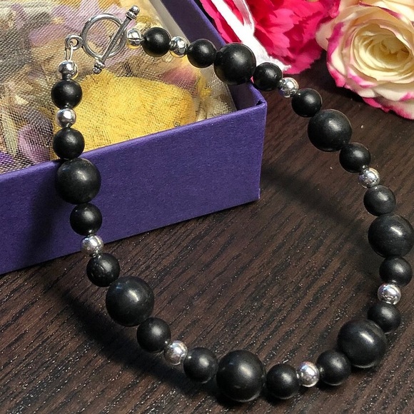 Natural Crystal Shungite & Sterling Silver Beaded Clasp Bracelet - Picture 2 of 4
